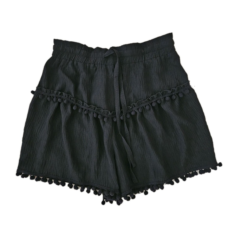 Grace Karin Shorts Women Lg Black Pom Pom Trim Tiered High Waist Drawstring Boho
